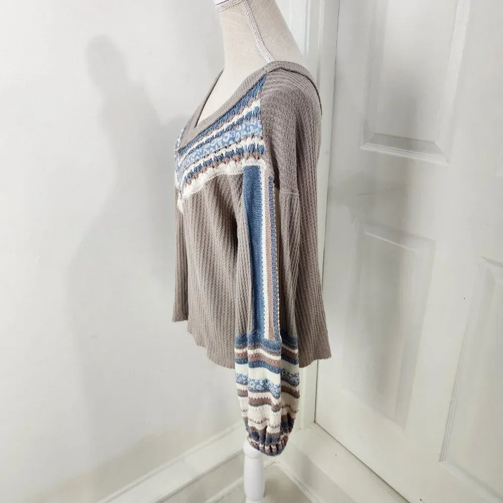 Free People Sweater Womens XS Copenhagen Thermal Waffle Contrasting Sleeves - Picture 5 of 16